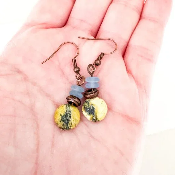 Serpentine Stone & Copper Boho Dangle Earrings - Picture 9 of 10